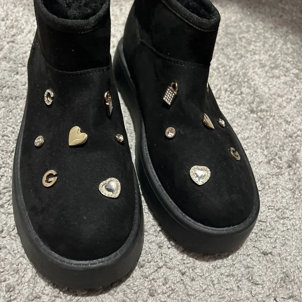 GB Black Suede Faux Fur Lined Boots with Charms - Women’s Size 8